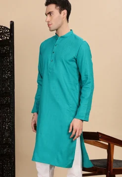 Woven Cotton Kurta in Turquoise