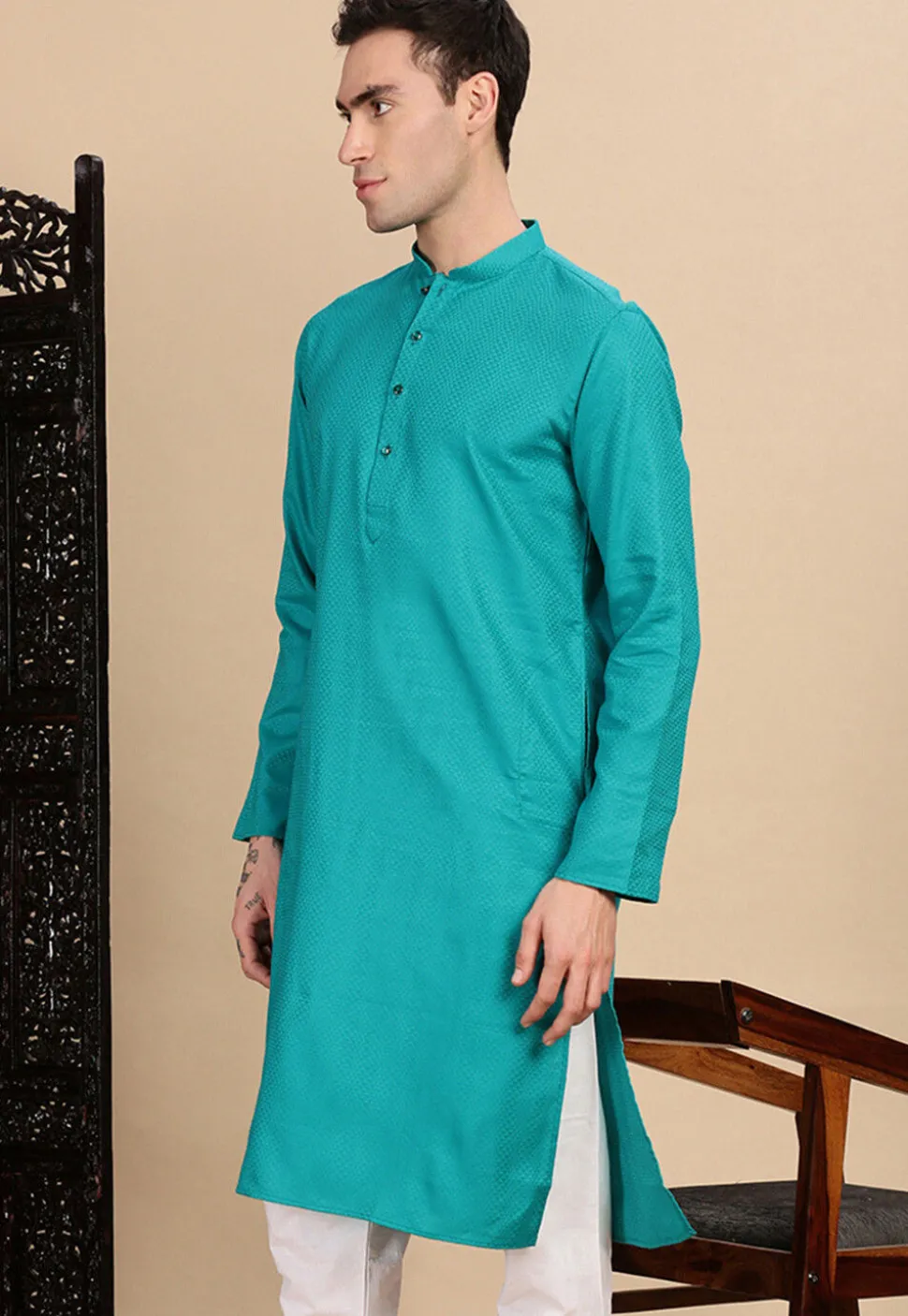 Woven Cotton Kurta in Turquoise
