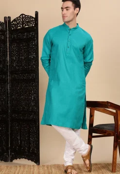 Woven Cotton Kurta in Turquoise