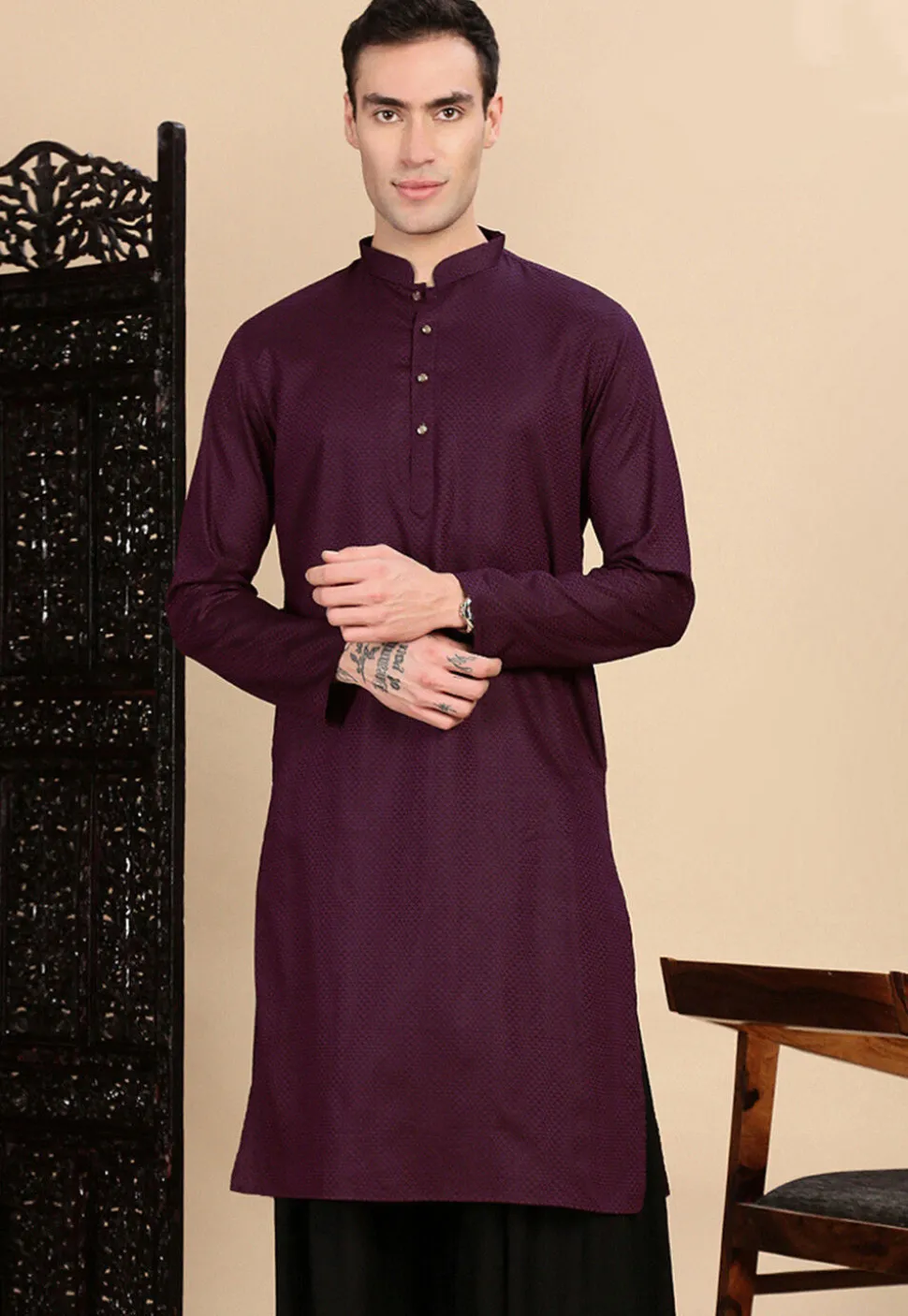 Woven Cotton Kurta in Violet