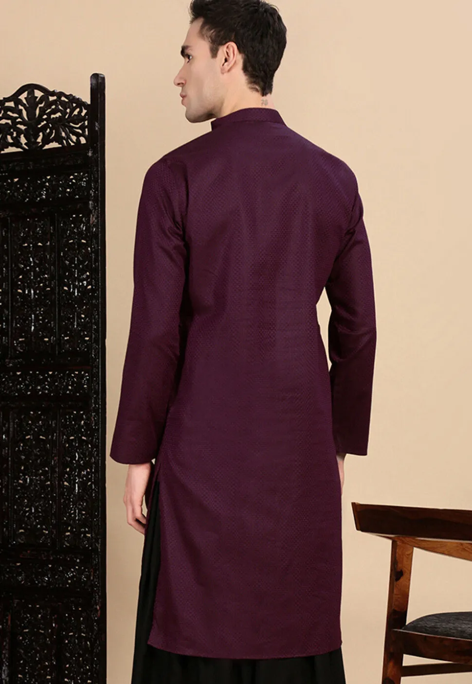 Woven Cotton Kurta in Violet