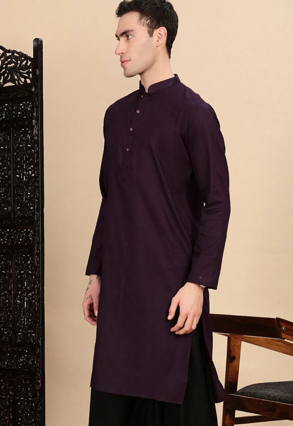 Woven Cotton Kurta in Violet