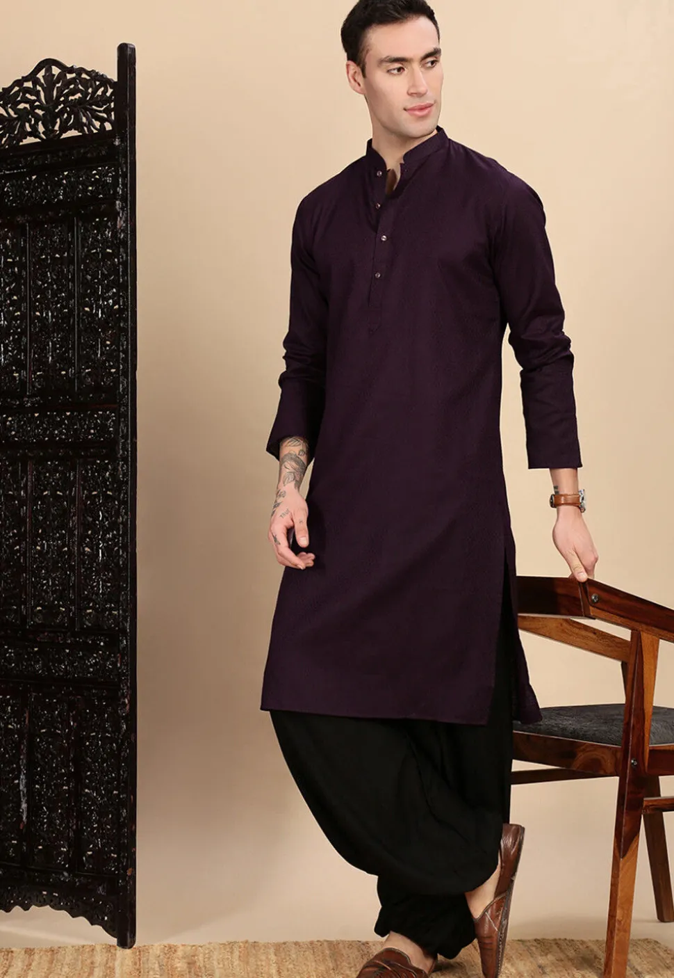 Woven Cotton Kurta in Violet