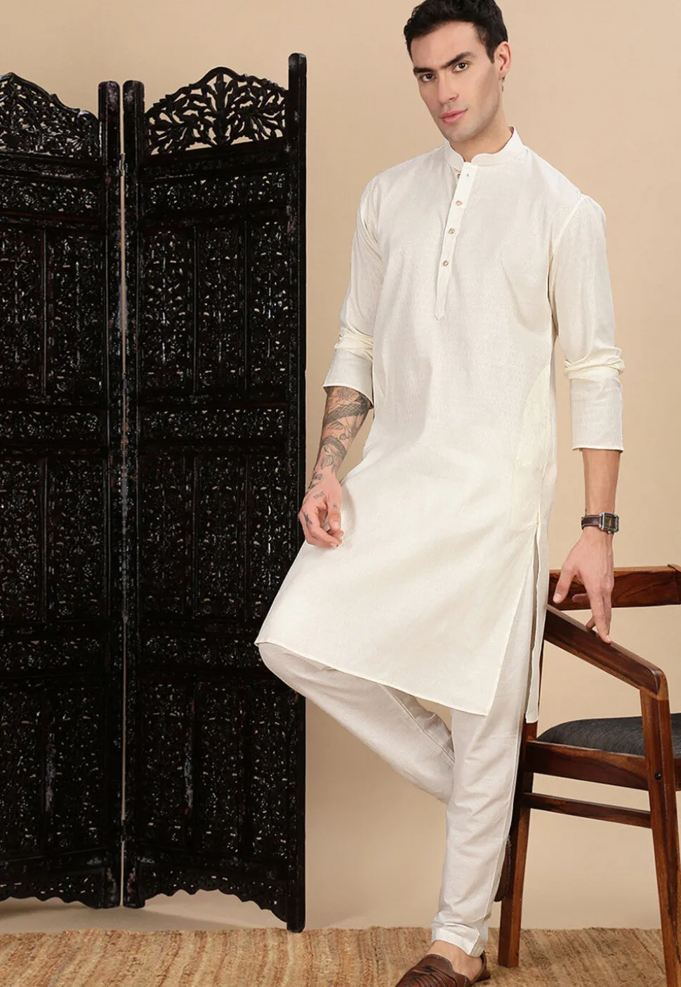 Woven Cotton Kurta in White