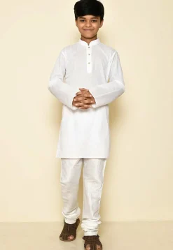 Woven Cotton Kurta Set in White