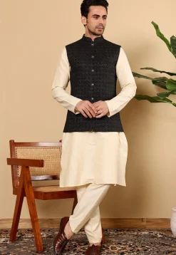 Woven Cotton Kurta Set in Light Beige and Black