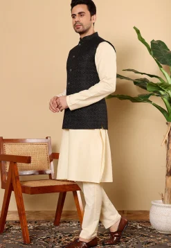 Woven Cotton Kurta Set in Light Beige and Black
