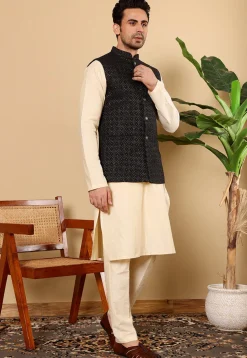 Woven Cotton Kurta Set in Light Beige and Black