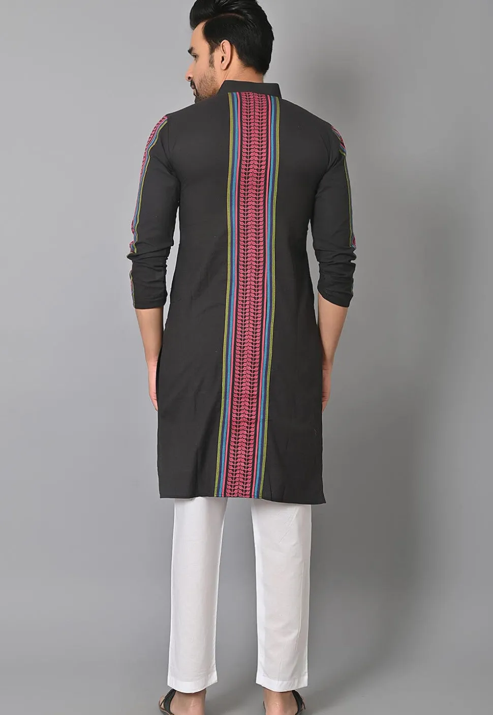 Woven Cotton Kurta Set in Black