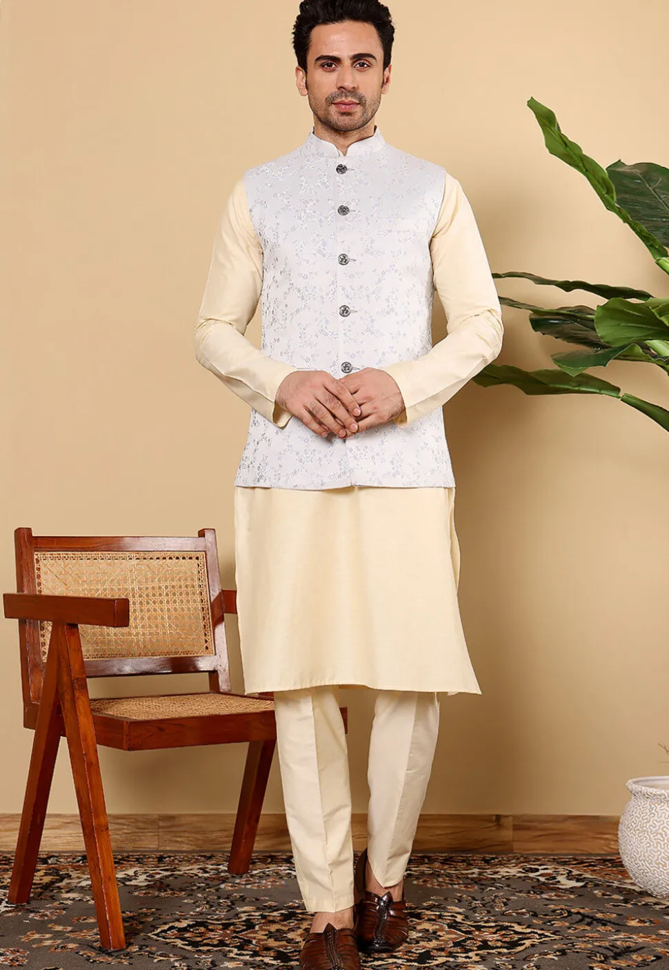 Woven Cotton Kurta Set in Light Beige and Light Blue