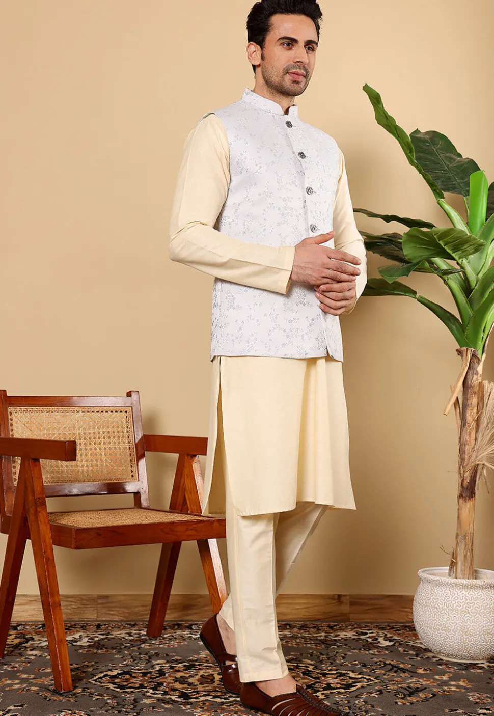 Woven Cotton Kurta Set in Light Beige and Light Blue
