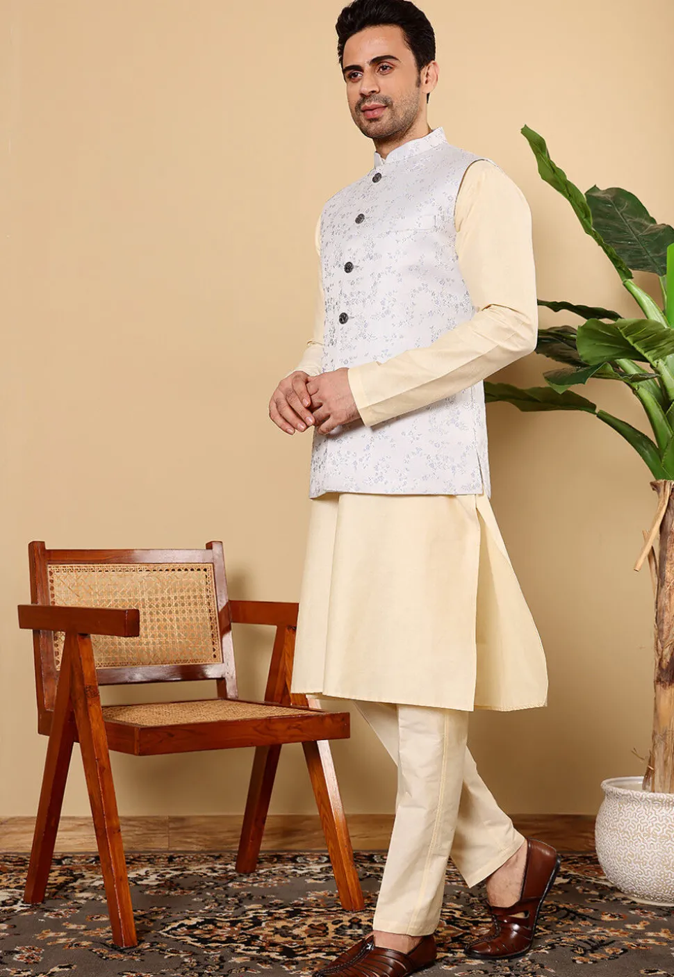 Woven Cotton Kurta Set in Light Beige and Light Blue