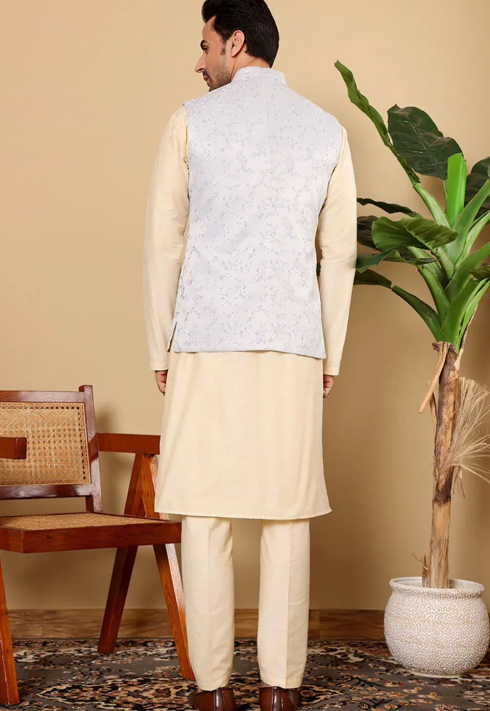 Woven Cotton Kurta Set in Light Beige and Light Blue