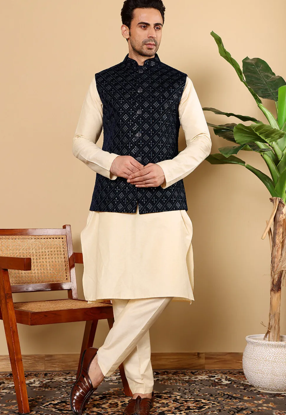 Woven Cotton Kurta Set in Light Beige and Navy Blue