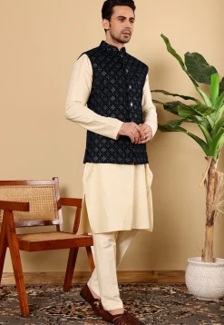 Woven Cotton Kurta Set in Light Beige and Navy Blue