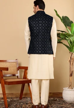 Woven Cotton Kurta Set in Light Beige and Navy Blue