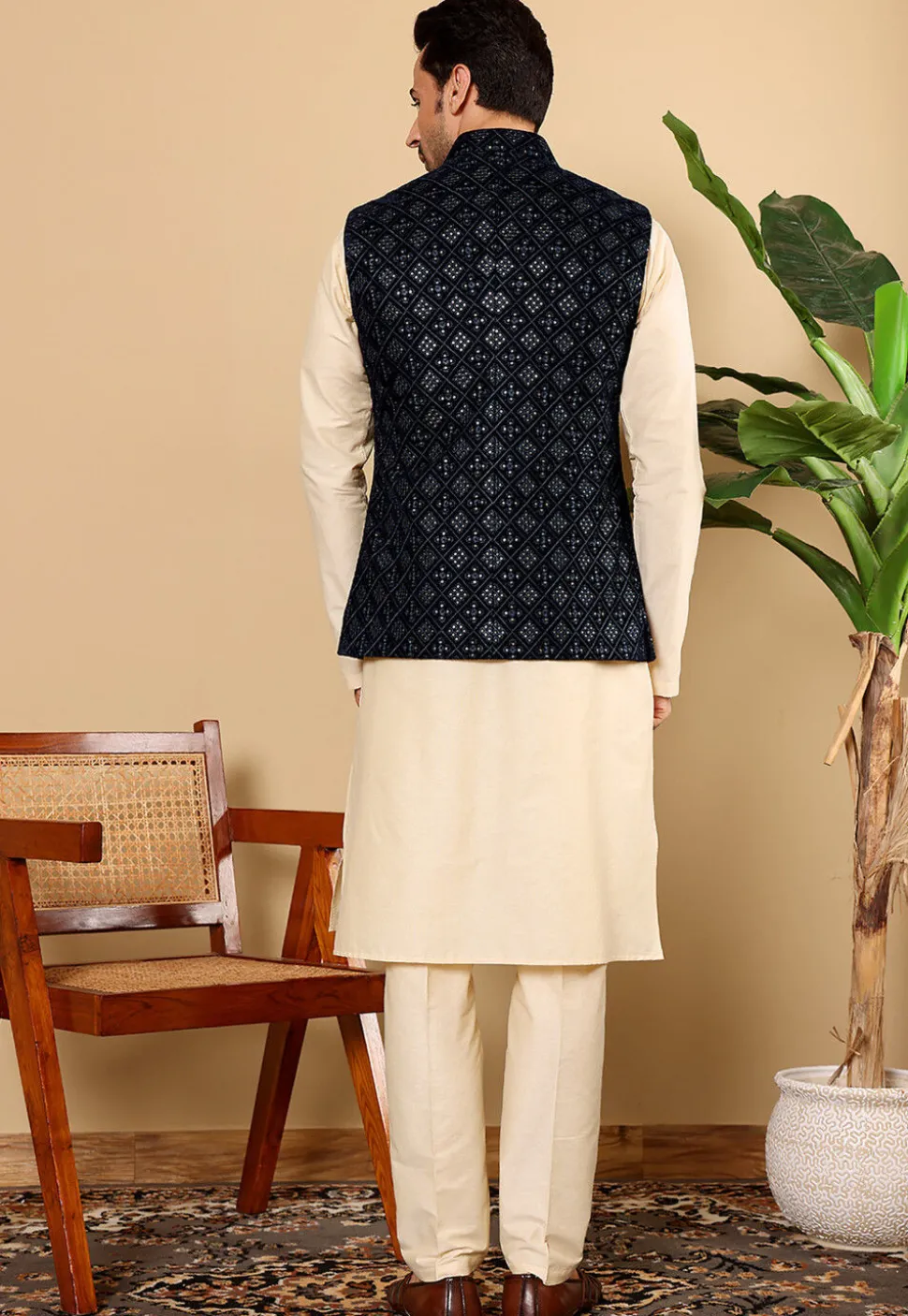 Woven Cotton Kurta Set in Light Beige and Navy Blue