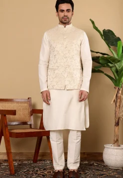 Woven Cotton Kurta Set in Off White and Light Beige