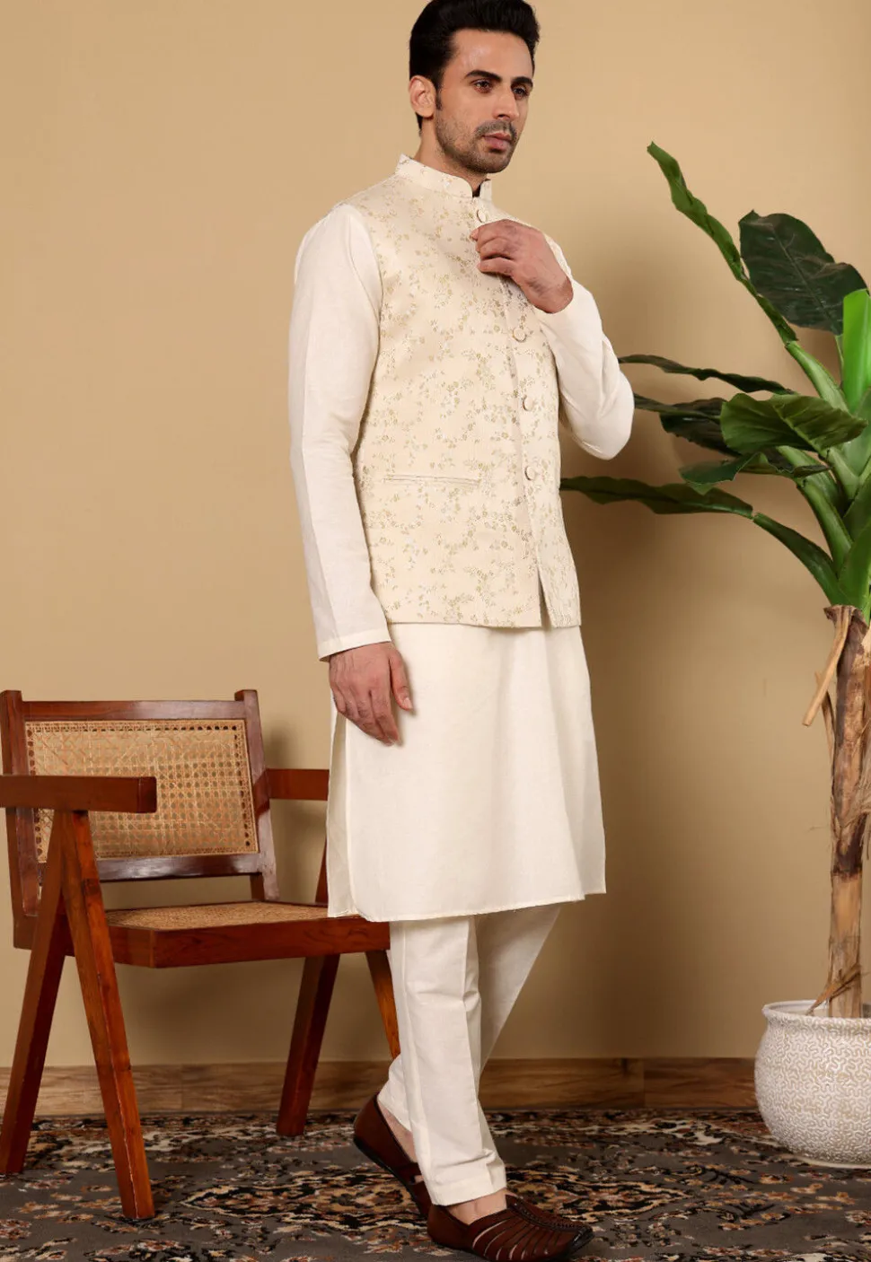 Woven Cotton Kurta Set in Off White and Light Beige