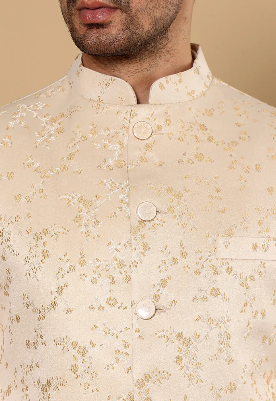 Woven Cotton Kurta Set in Off White and Light Beige