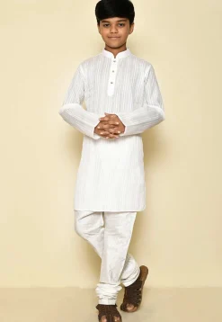 Woven Cotton Kurta Set in White