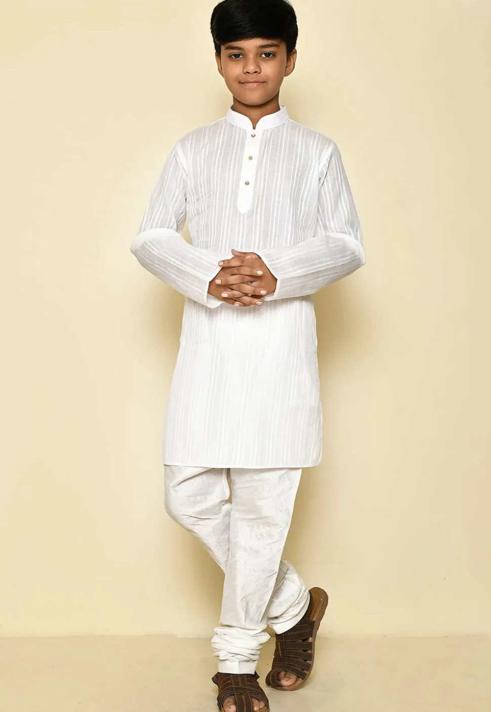 Woven Cotton Kurta Set in White