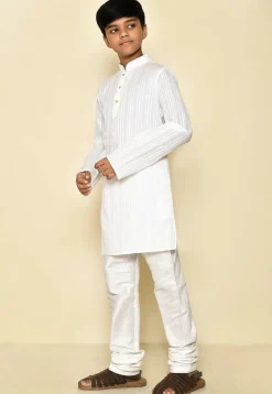 Woven Cotton Kurta Set in White