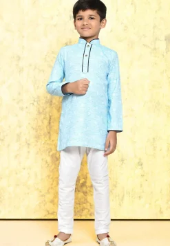 Woven Cotton Kurta Set in Sky blue