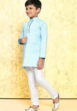 Woven Cotton Kurta Set in Sky blue