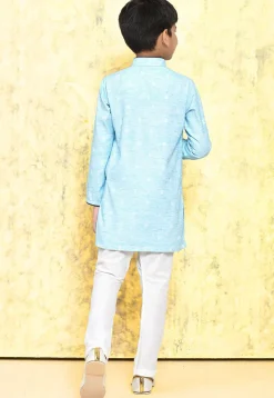 Woven Cotton Kurta Set in Sky blue