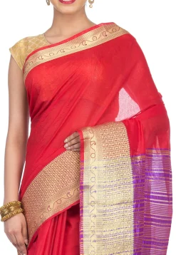 Woven Cotton Linen Saree in Red