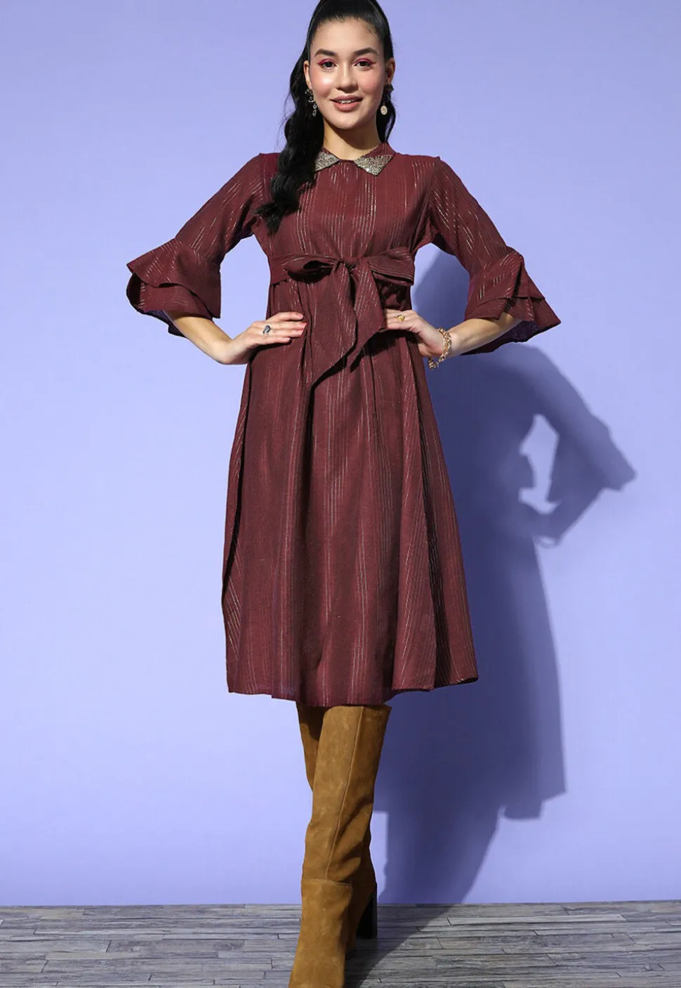 Woven Cotton Lurex Jacquard Fit N Flare Dress in Maroon