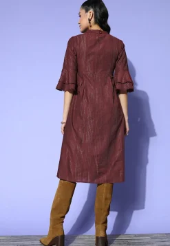 Woven Cotton Lurex Jacquard Fit N Flare Dress in Maroon