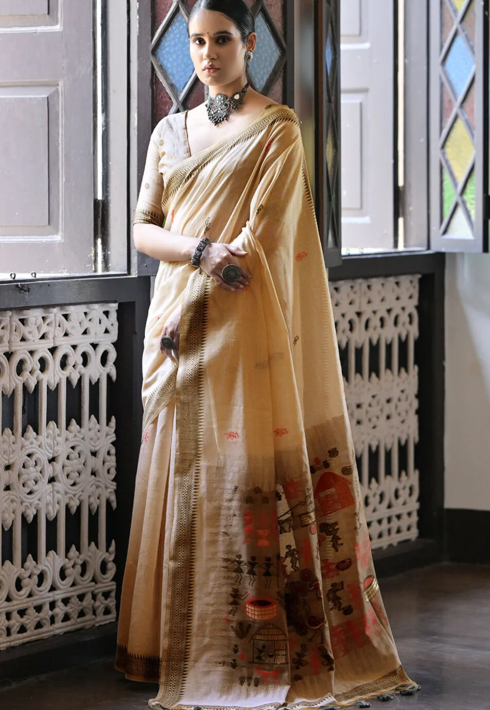 Woven Cotton Saree in Beige