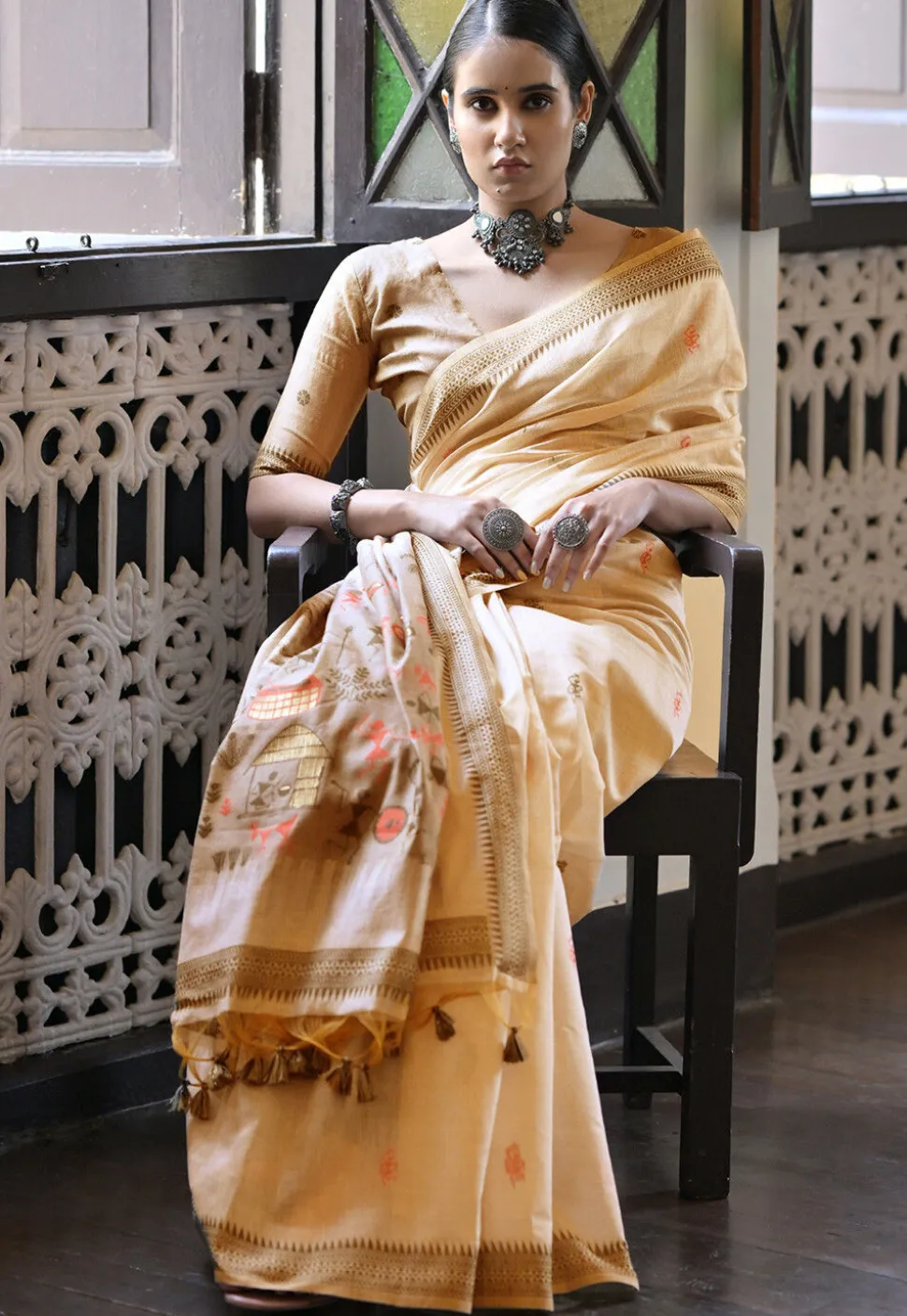 Woven Cotton Saree in Beige