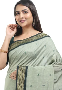 Woven Cotton Saree in Dusty Green