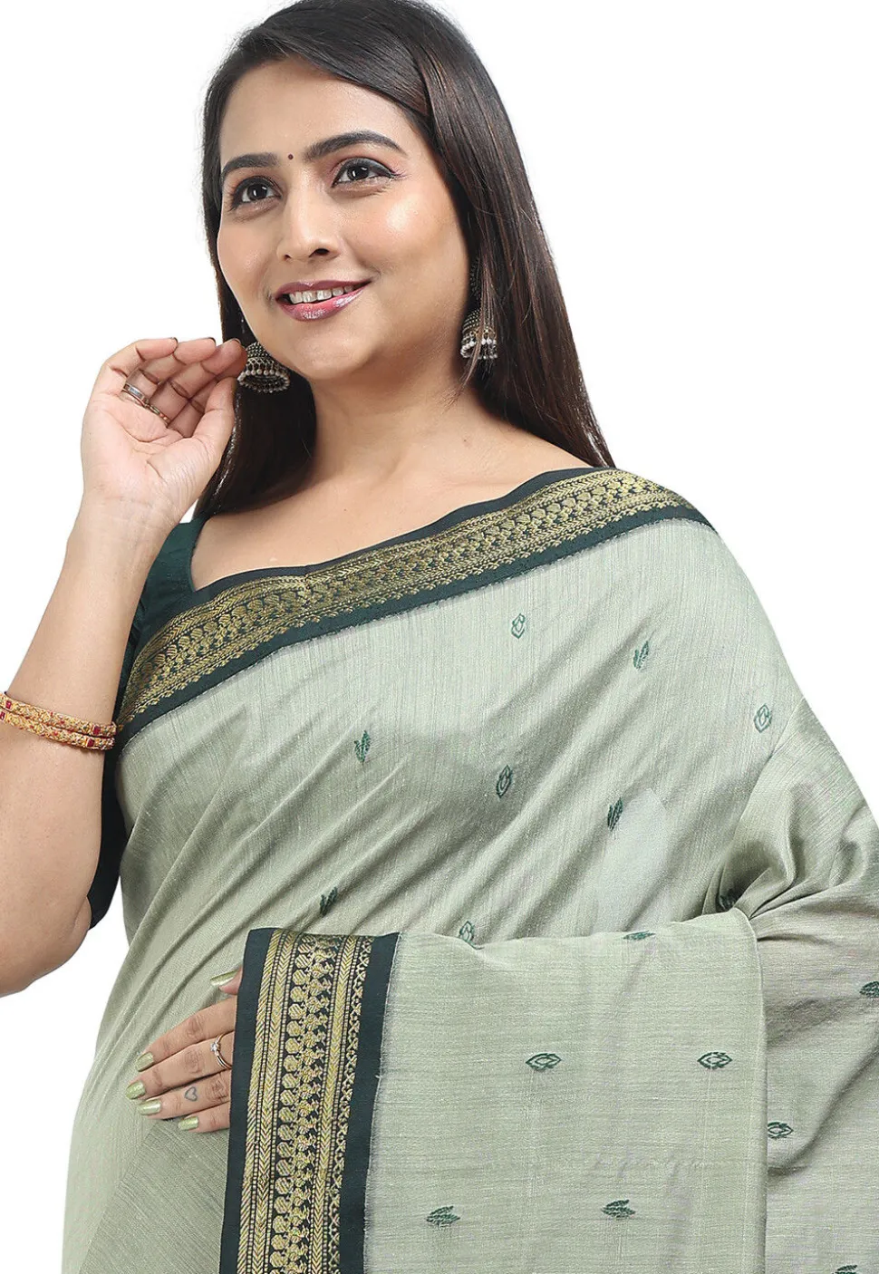 Woven Cotton Saree in Dusty Green