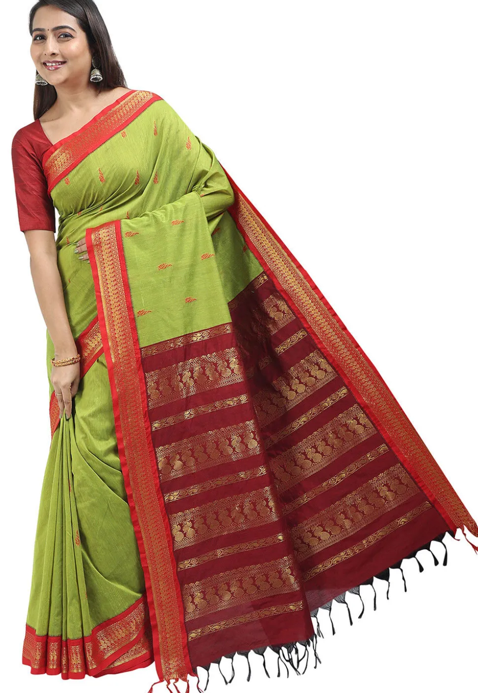 Woven Cotton Saree in Light Green