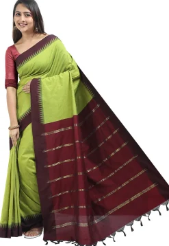 Woven Cotton Saree in Light Green