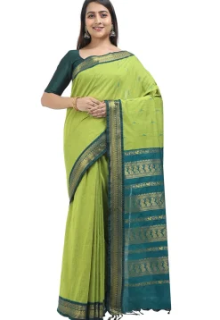 Woven Cotton Saree in Light Green