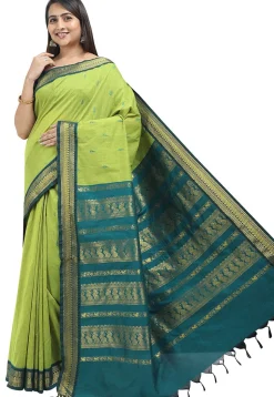 Woven Cotton Saree in Light Green