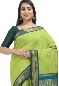 Woven Cotton Saree in Light Green