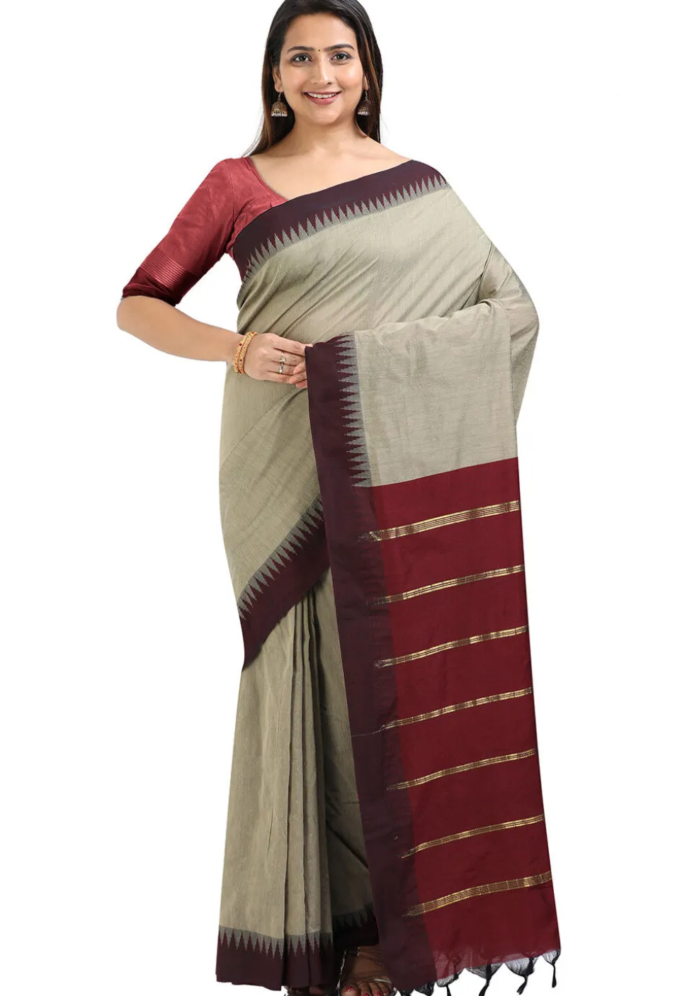 Woven Cotton Saree in Light Grey