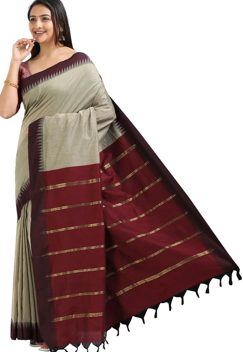 Woven Cotton Saree in Light Grey
