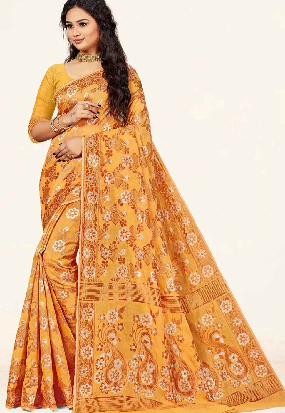Woven Cotton Saree in Mustard