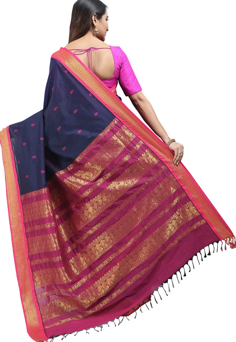 Woven Cotton Saree in Navy Blue