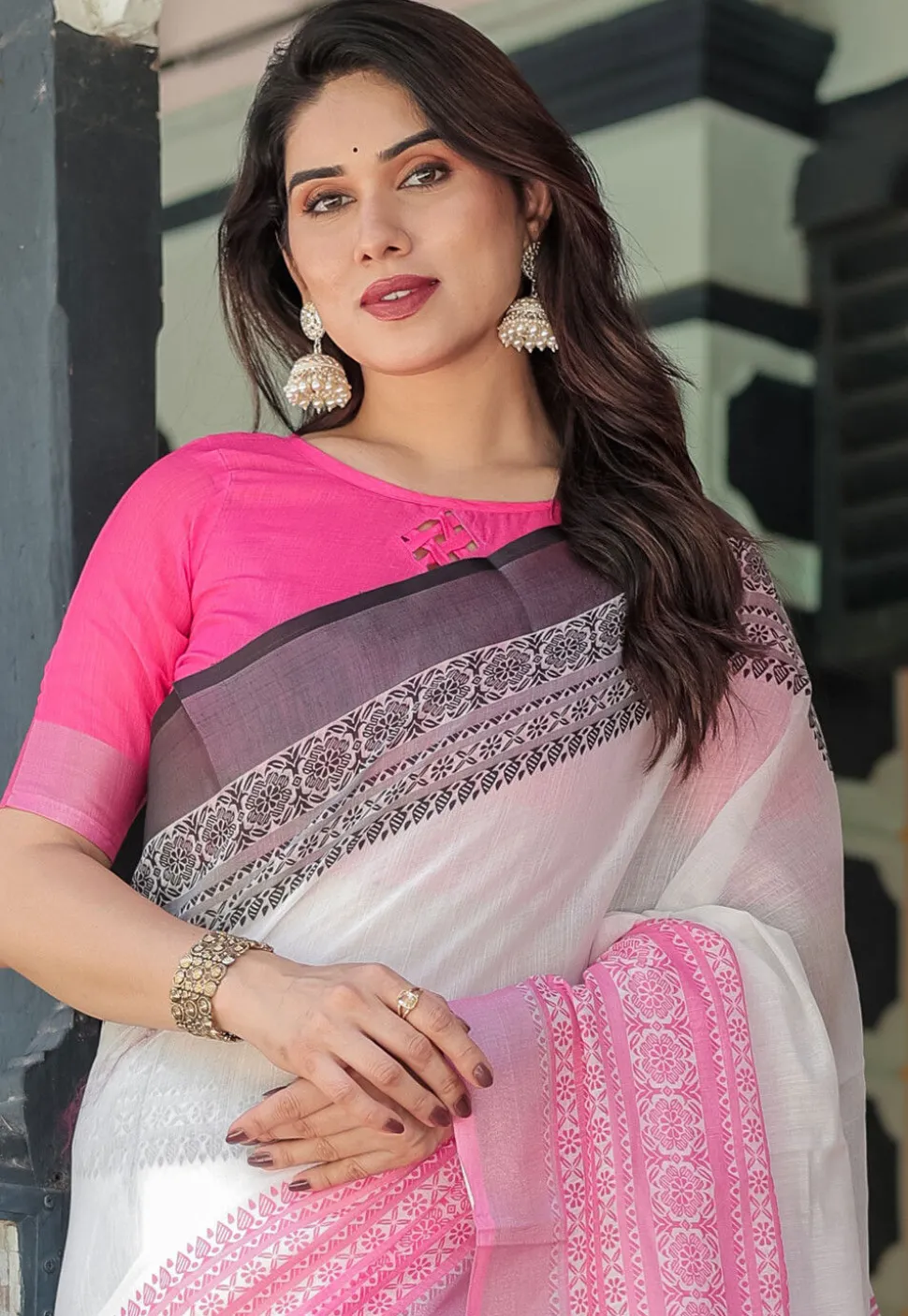 Woven Cotton Saree in Off White