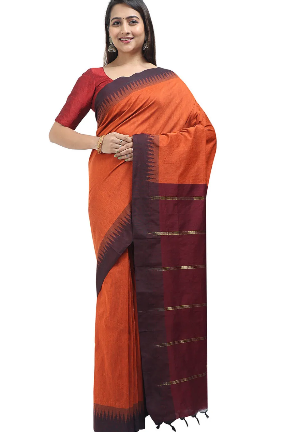 Woven Cotton Saree in Orange
