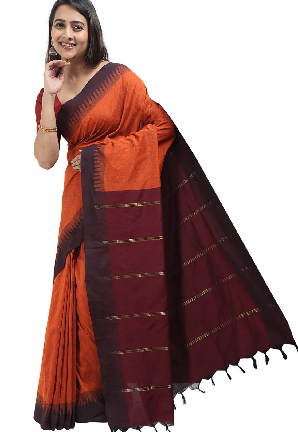 Woven Cotton Saree in Orange