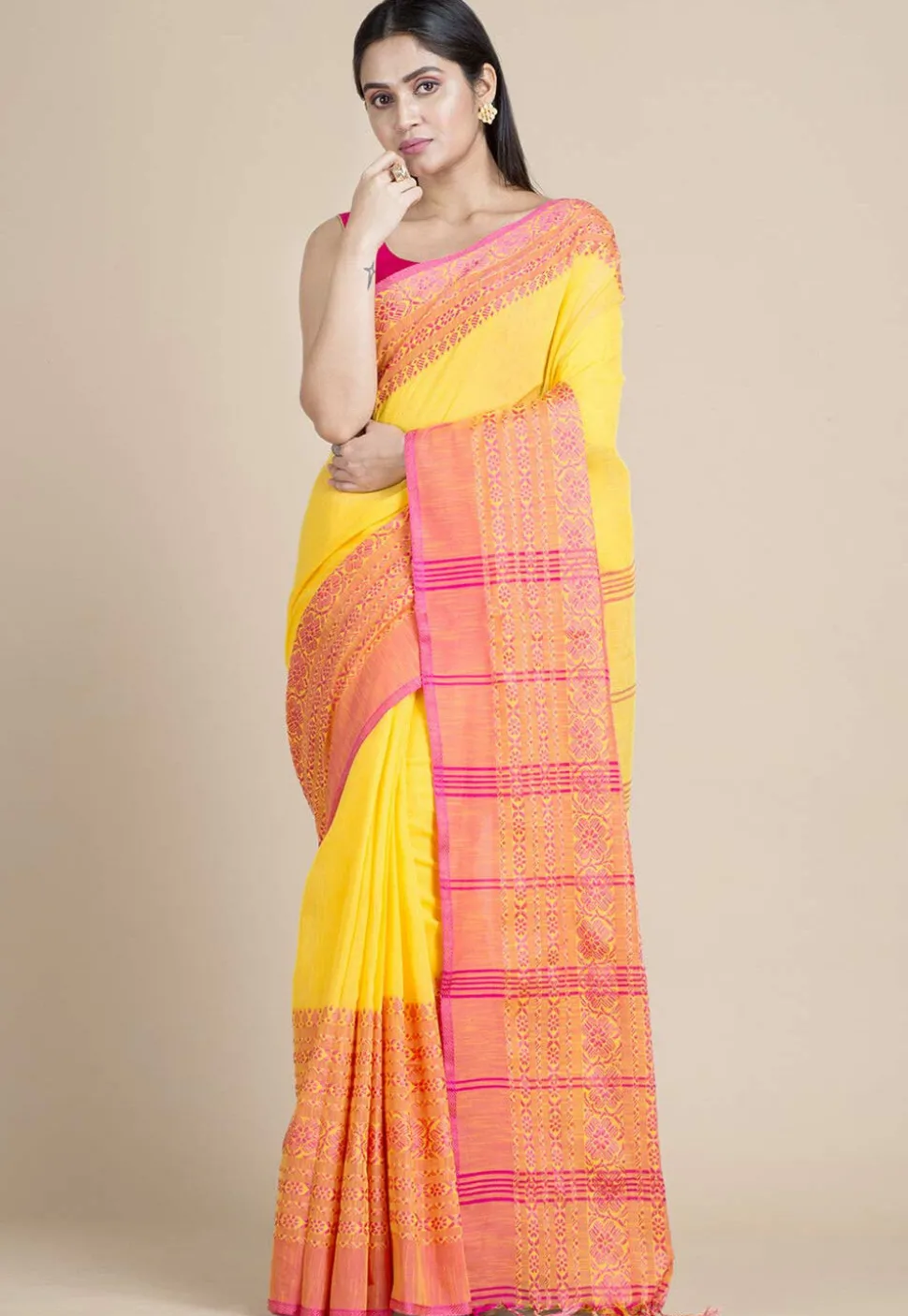 Woven Cotton Saree in Yellow